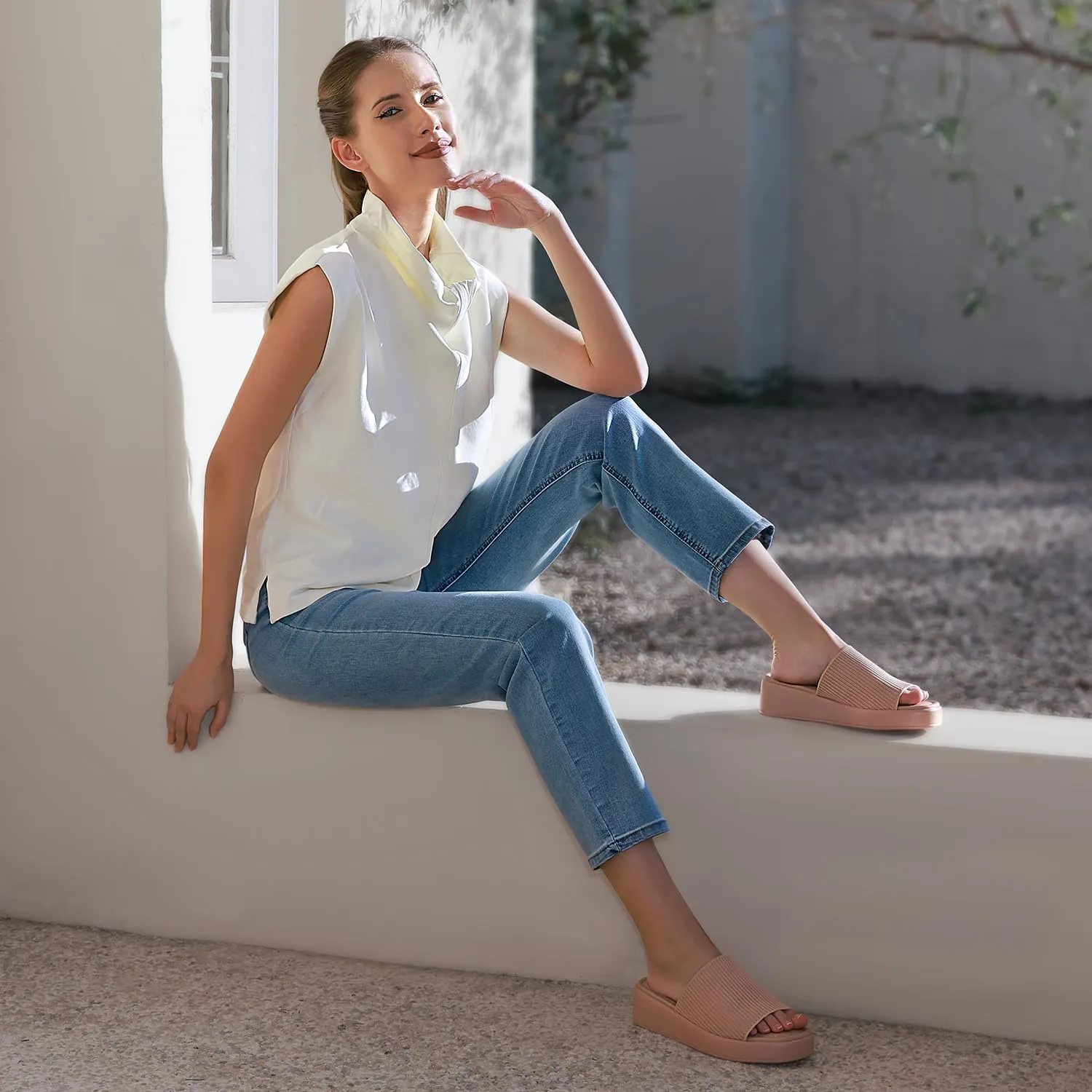 Leevar Nude White Black Platform Wedges Sandals for Women - Soft Memory Foam Padded Backless Slip On Comfy Square Open Toe Mules Summer Casual Flatform Platform Wedge Sandals Slides for Women