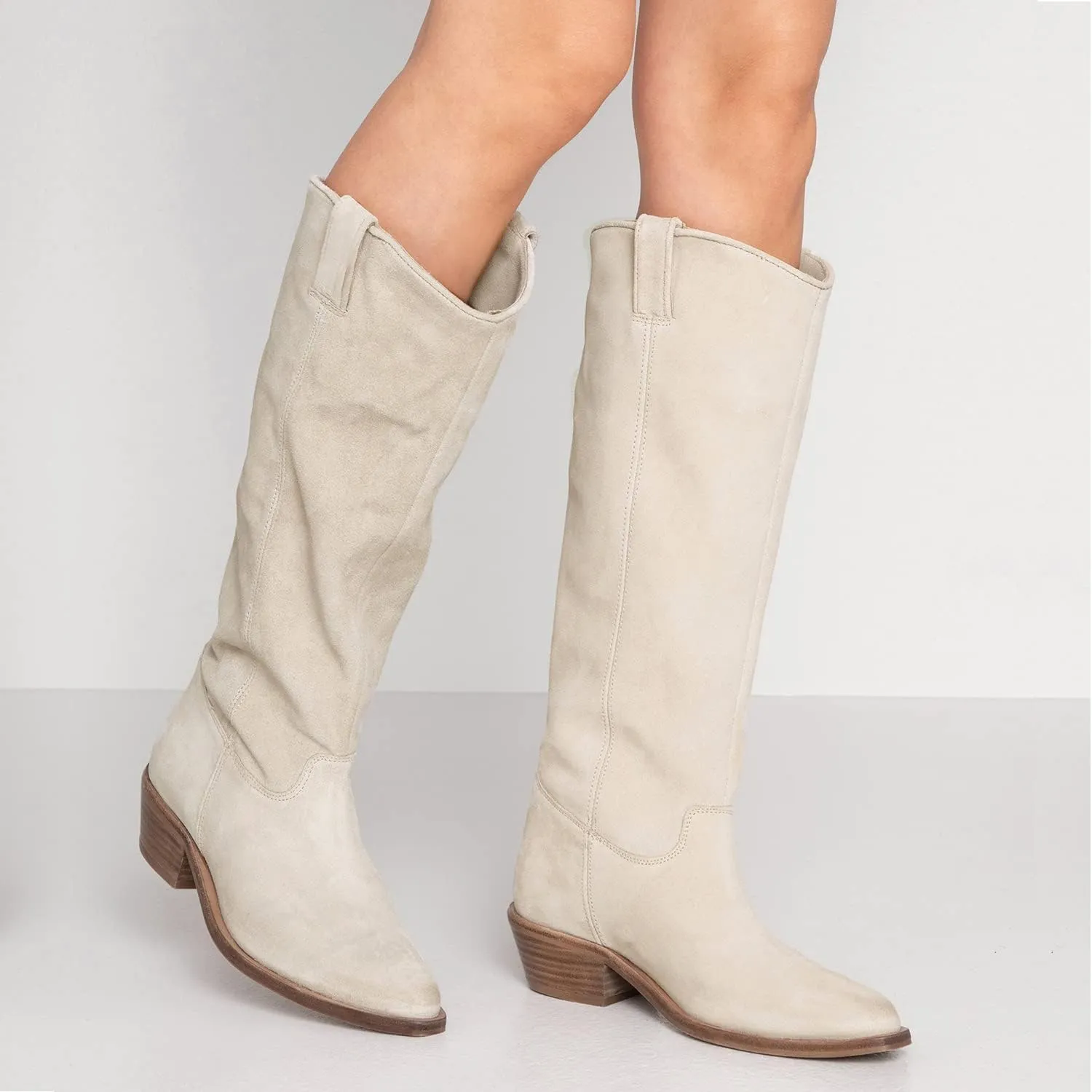 LEHOOR Women Low Stacked Heel Slouchy Knee High Western Boots Pointed Square Toe Velvet Suede 1.5" Chunky Heels Cowboy Boots Wide Calf Pull On Combat Boots Dressy Comfort Casual Winter Retro 4-13 M US