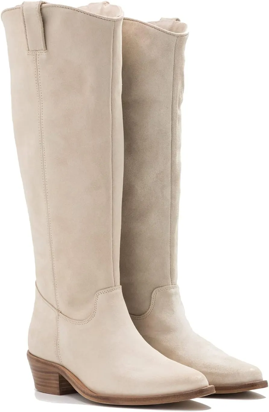 LEHOOR Women Low Stacked Heel Slouchy Knee High Western Boots Pointed Square Toe Velvet Suede 1.5" Chunky Heels Cowboy Boots Wide Calf Pull On Combat Boots Dressy Comfort Casual Winter Retro 4-13 M US
