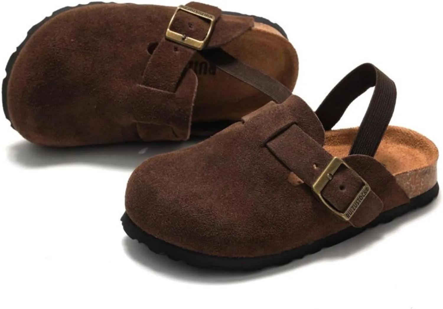 LEPHYON Toddler Clogs Kids Suede Clogs with Strap Boys Girls Sandals Cork Sole Adjustable Buckles Comfortable Slippers Slip-on Mules