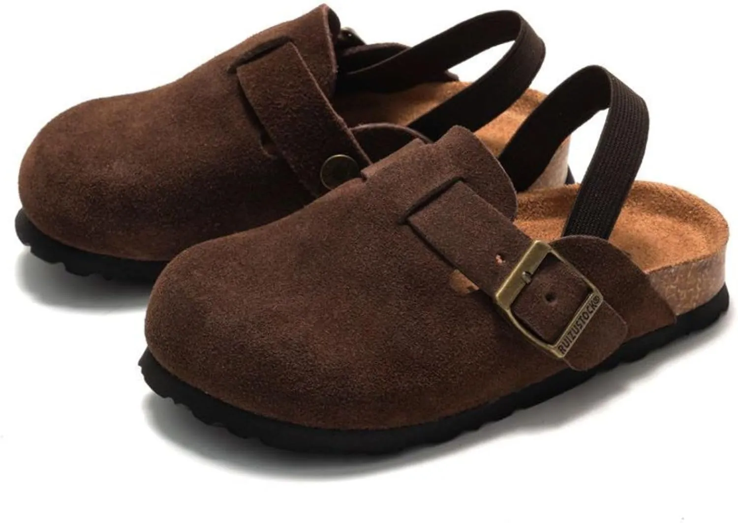 LEPHYON Toddler Clogs Kids Suede Clogs with Strap Boys Girls Sandals Cork Sole Adjustable Buckles Comfortable Slippers Slip-on Mules