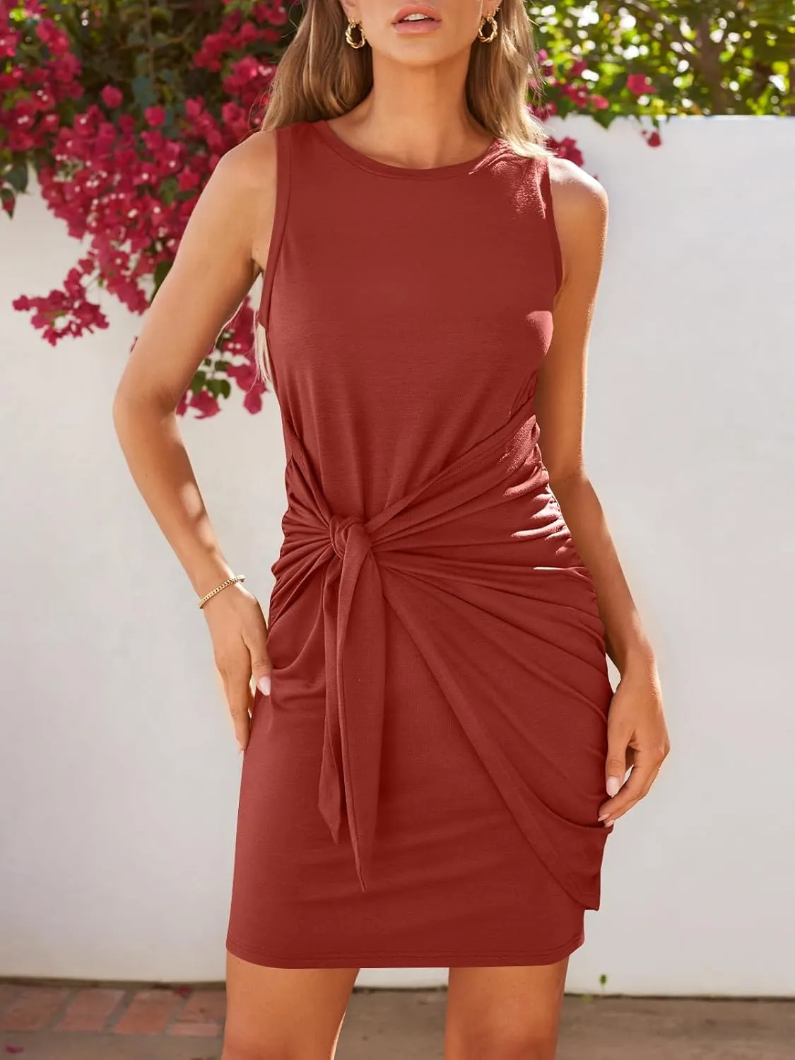 LILLUSORY Women's Casual Sleeveless Bodycon Beach Tank Ruched Mini Dresses