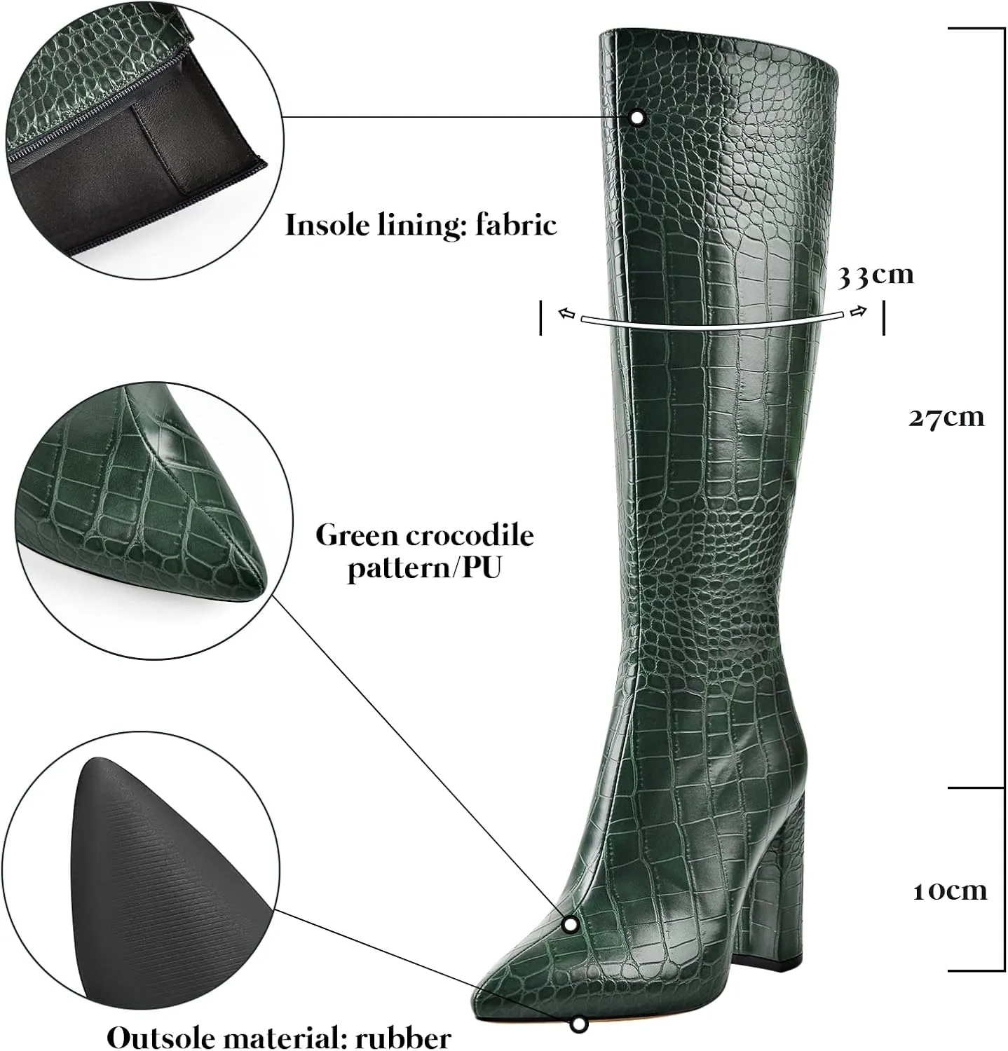 LISHAN Women's Snakeskin Chunky 4in Heel Crocodile Pull On Mid Calf Boots