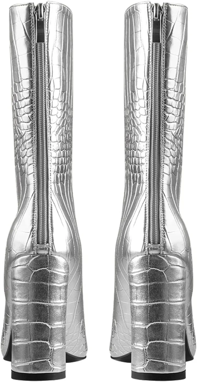 LISHAN Women's Snakeskin Chunky 4in Heel Crocodile Pull On Mid Calf Boots