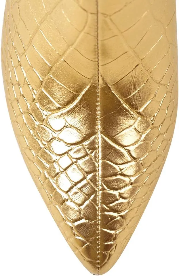 LISHAN Women's Snakeskin Chunky 4in Heel Crocodile Pull On Mid Calf Boots