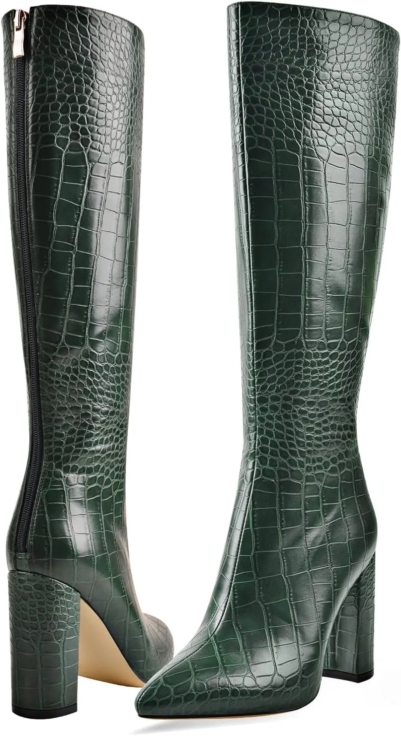 LISHAN Women's Snakeskin Chunky 4in Heel Crocodile Pull On Mid Calf Boots