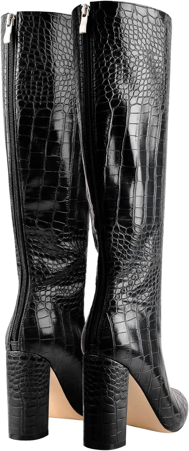 LISHAN Women's Snakeskin Chunky 4in Heel Crocodile Pull On Mid Calf Boots