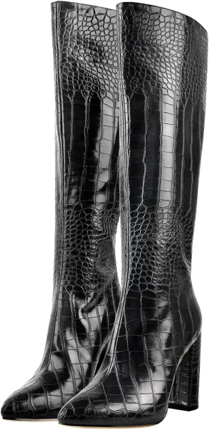 LISHAN Women's Snakeskin Chunky 4in Heel Crocodile Pull On Mid Calf Boots