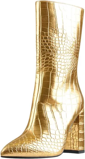 LISHAN Women's Snakeskin Chunky 4in Heel Crocodile Pull On Mid Calf Boots