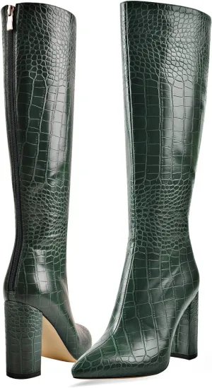 LISHAN Women's Snakeskin Chunky 4in Heel Crocodile Pull On Mid Calf Boots