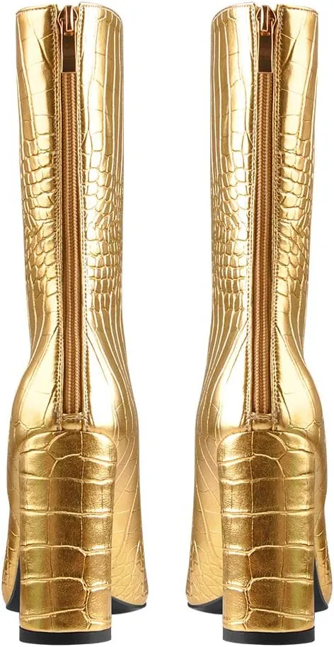 LISHAN Women's Snakeskin Chunky 4in Heel Crocodile Pull On Mid Calf Boots