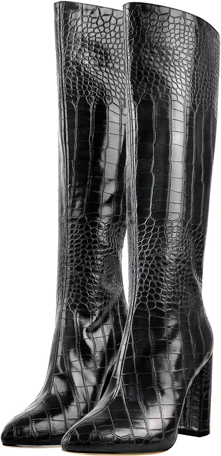 LISHAN Women's Snakeskin Chunky 4in Heel Crocodile Pull On Mid Calf Boots