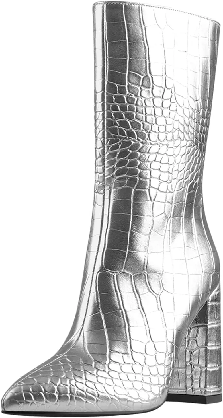 LISHAN Women's Snakeskin Chunky 4in Heel Crocodile Pull On Mid Calf Boots