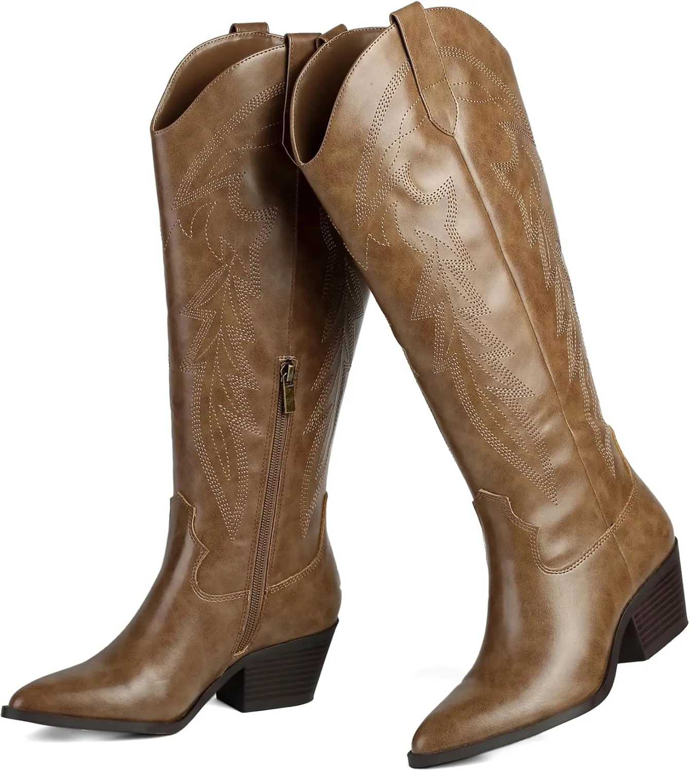 LISYIIZ Westen Cowboy Boots for Women Knee High Pointed Toe Tall Cowgirl Boots with Zip Retro Embroidered Block Heel for Girls Ladies Fall Winter