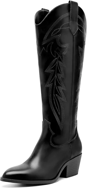 LISYIIZ Westen Cowboy Boots for Women Knee High Pointed Toe Tall Cowgirl Boots with Zip Retro Embroidered Block Heel for Girls Ladies Fall Winter