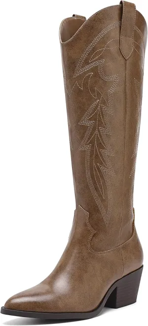 LISYIIZ Westen Cowboy Boots for Women Knee High Pointed Toe Tall Cowgirl Boots with Zip Retro Embroidered Block Heel for Girls Ladies Fall Winter