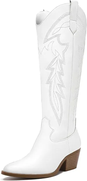 LISYIIZ Westen Cowboy Boots for Women Knee High Pointed Toe Tall Cowgirl Boots with Zip Retro Embroidered Block Heel for Girls Ladies Fall Winter