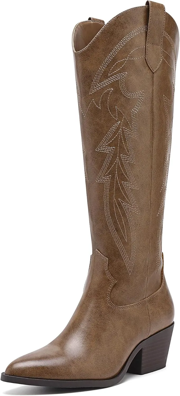 LISYIIZ Westen Cowboy Boots for Women Knee High Pointed Toe Tall Cowgirl Boots with Zip Retro Embroidered Block Heel for Girls Ladies Fall Winter