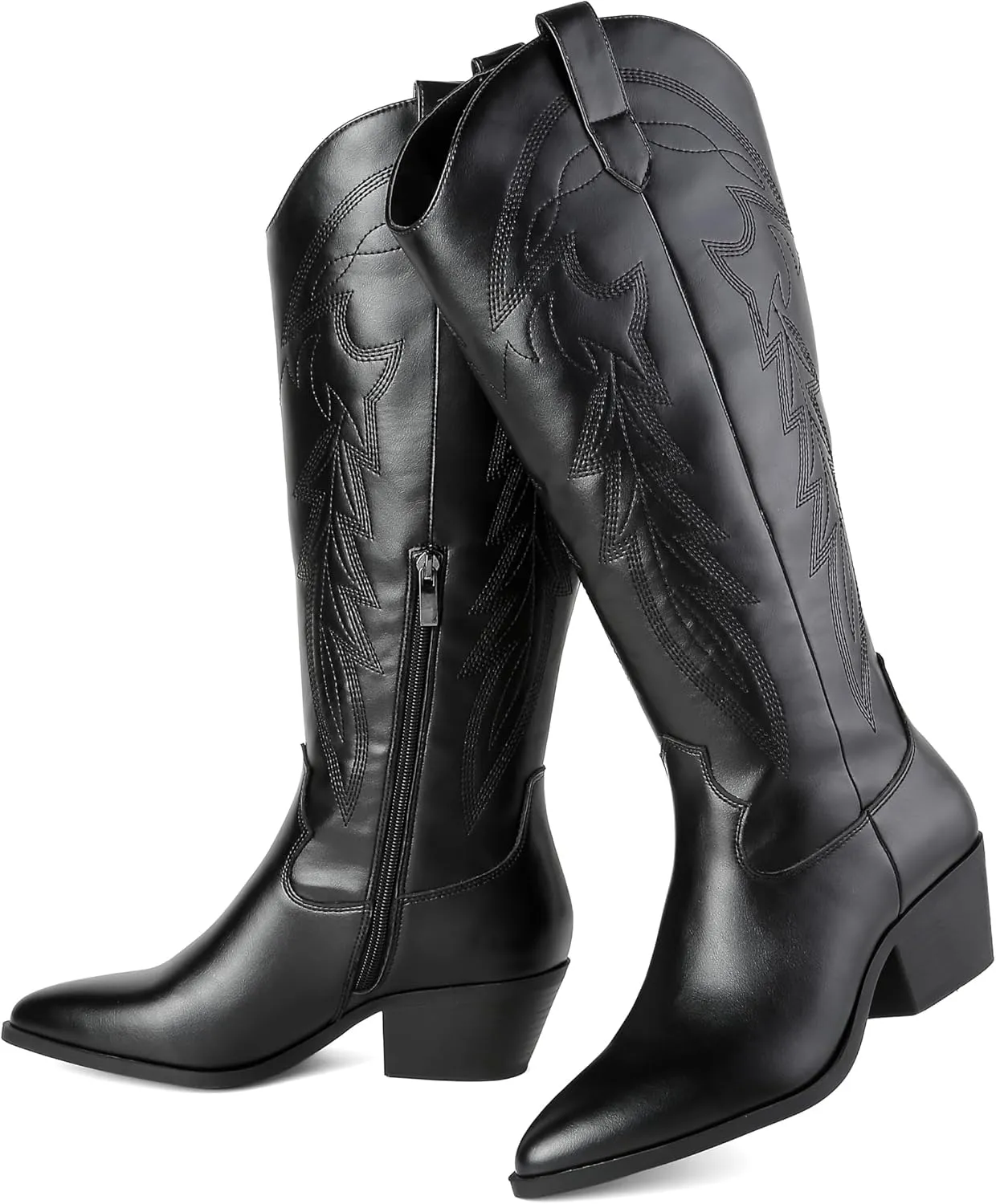 LISYIIZ Westen Cowboy Boots for Women Knee High Pointed Toe Tall Cowgirl Boots with Zip Retro Embroidered Block Heel for Girls Ladies Fall Winter