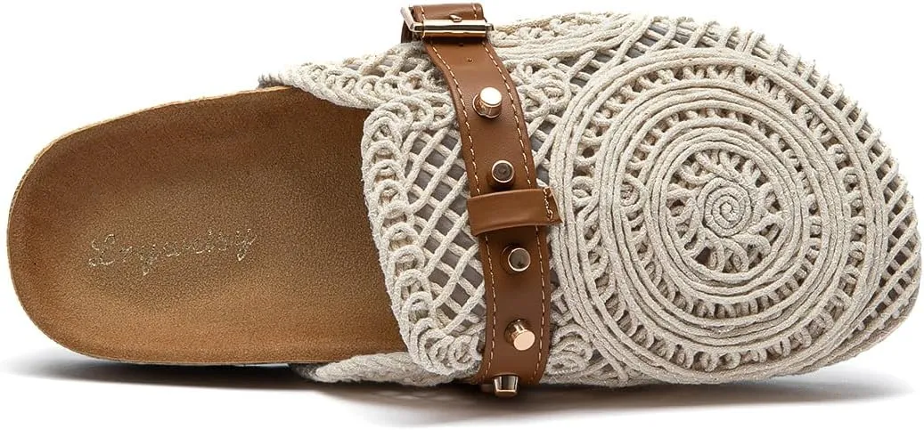 Lryweisy Women Weave Sandals Comfortable Flats Crochet Clogs with Arch Support Footwear