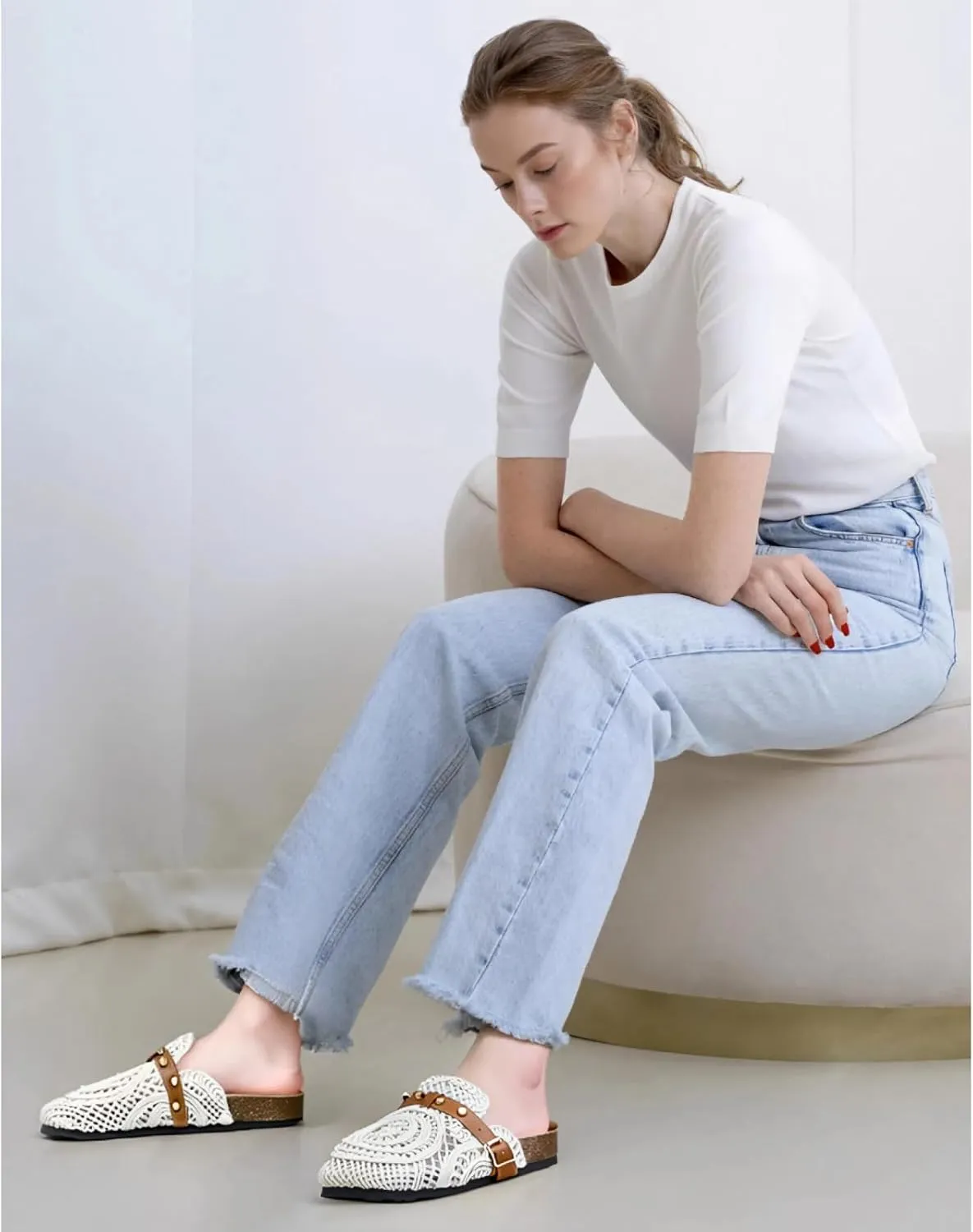 Lryweisy Women Weave Sandals Comfortable Flats Crochet Clogs with Arch Support Footwear