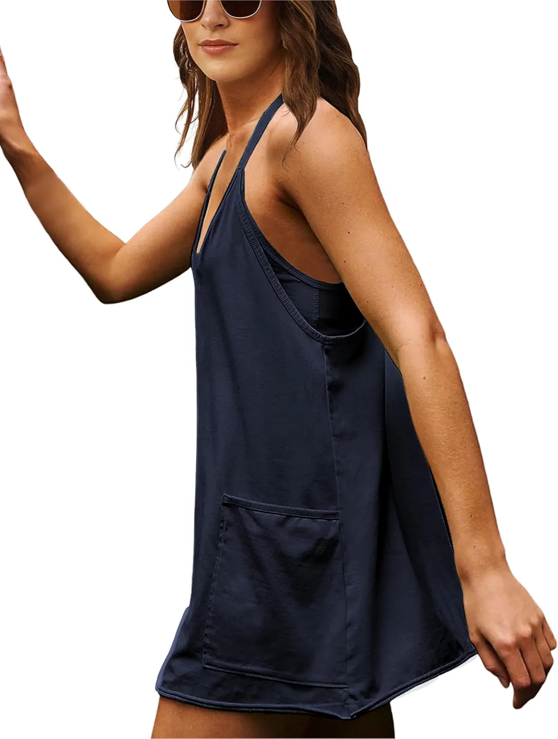 LTSCNRM Women's Tennis Dress Workout Mini Dress Built-in Shorts Sleeveless Spaghetti Straps Golf Athletic Dresses