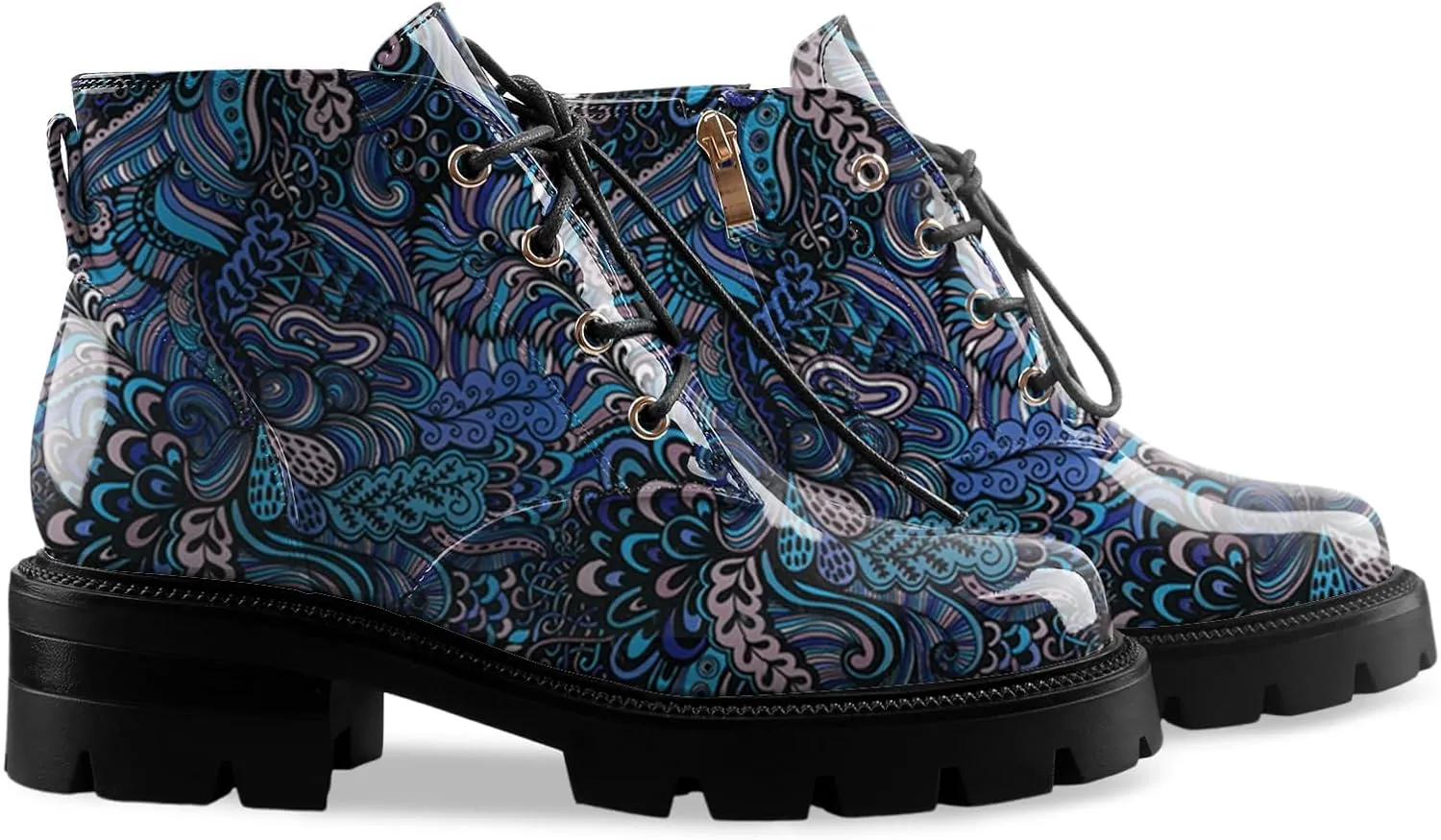 Lug Sole Chunky Heel Short Combat Boots Fashion Ankle Booties Low Heeled Platform Black Oxford Shoes with Side Zipper and Lace Up for Women Ladies Cute