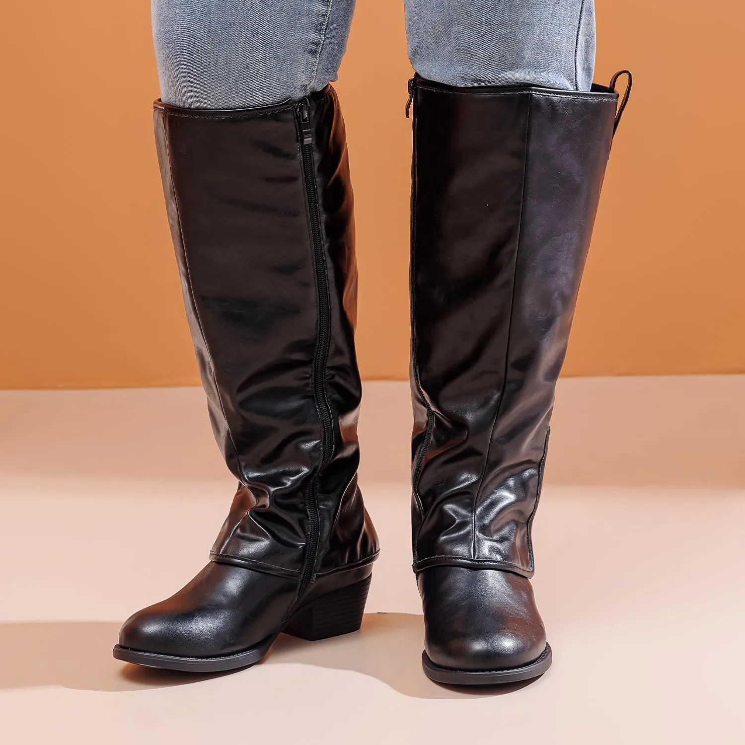 Luoika Women's Extra Wide Calf Cowboy Knee High Boots, Wide Width Cowgirl Slouchy Boots.