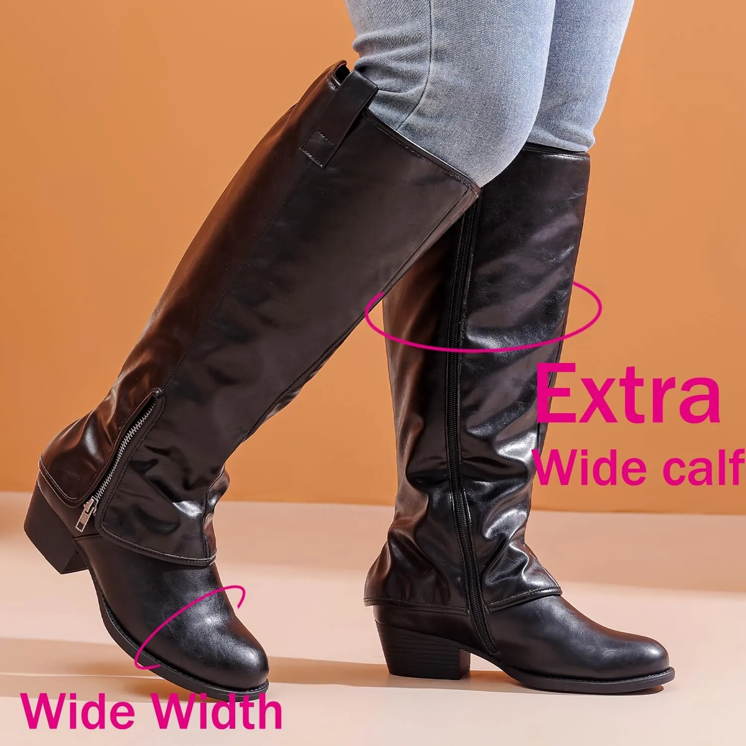 Luoika Women's Extra Wide Calf Cowboy Knee High Boots, Wide Width Cowgirl Slouchy Boots.