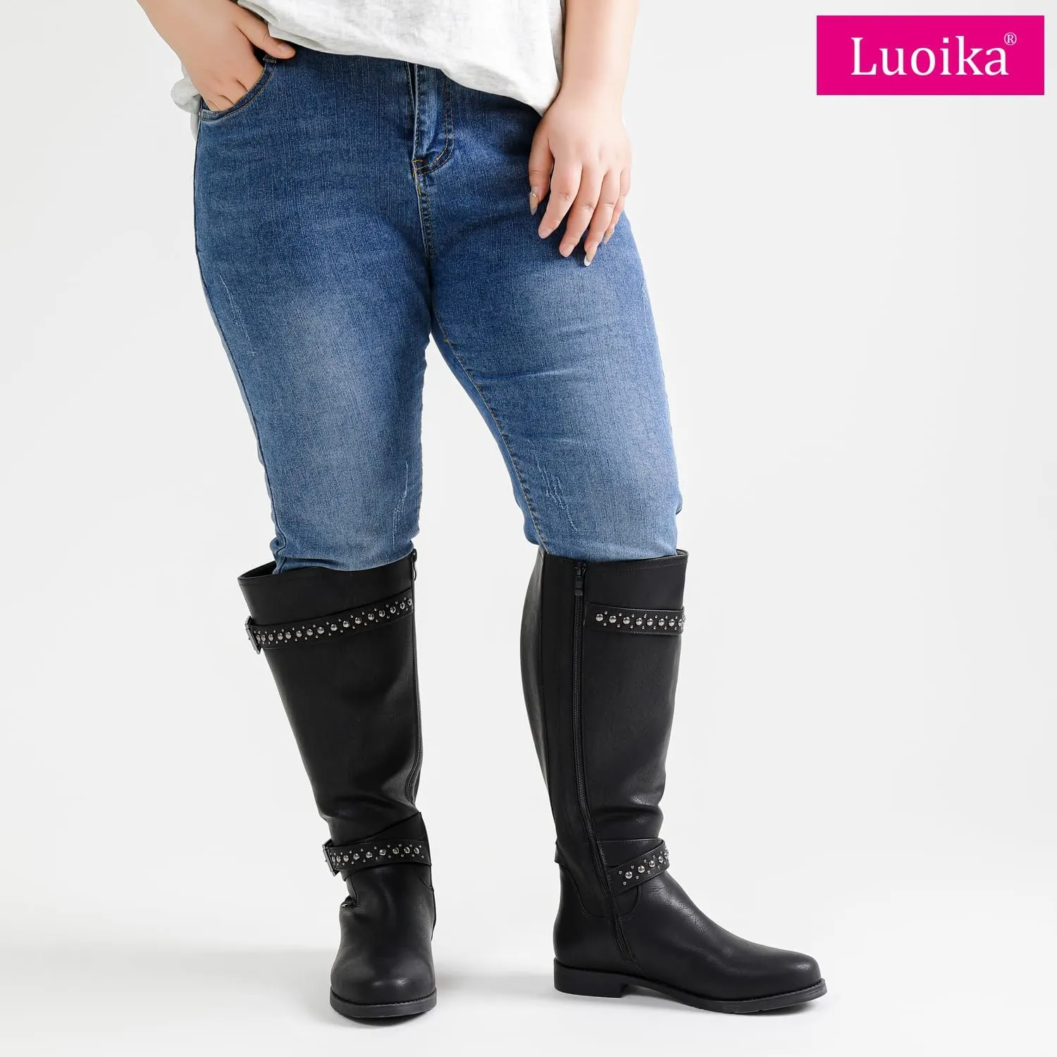 Luoika Women's Extra Wide Calf Knee High Boots, Chunky Low Heel Plus Size Boots Motocycle Ridding Boots.