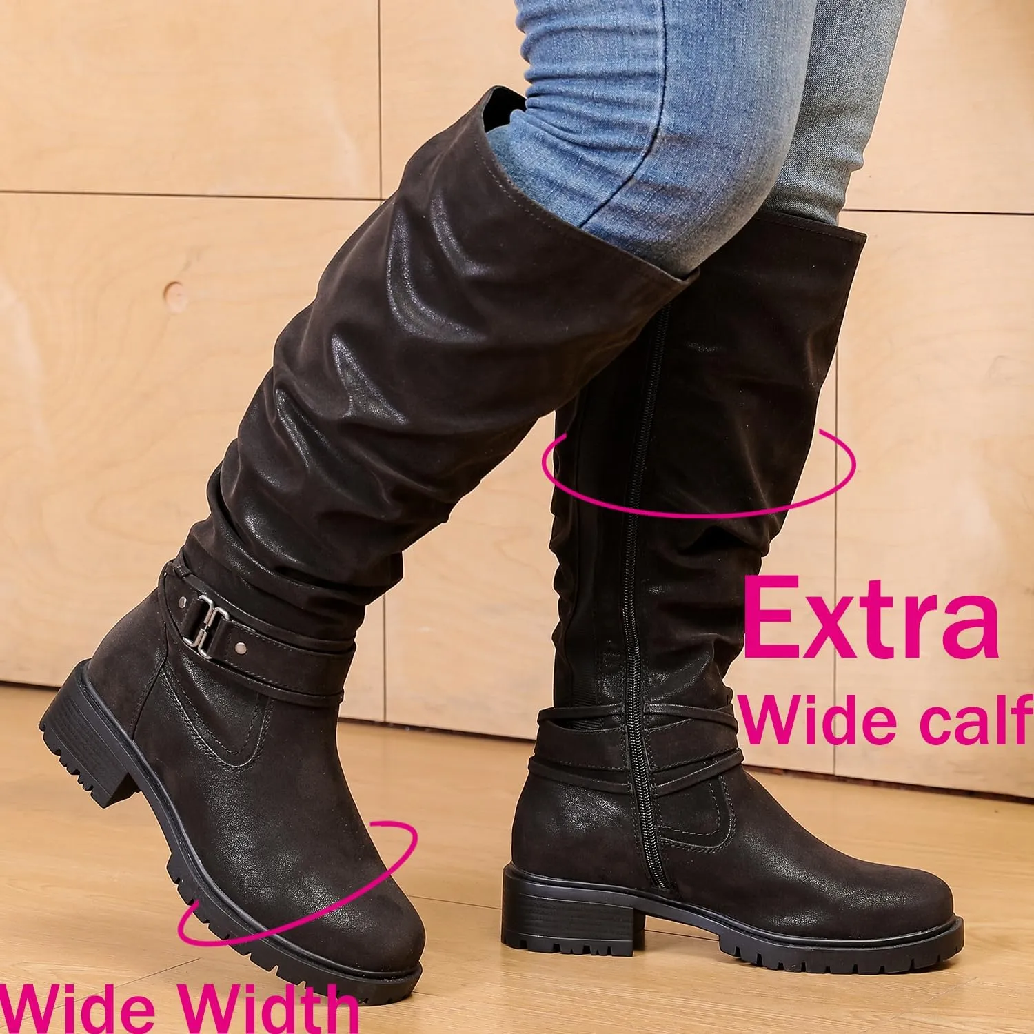 Luoika Women's Extra Wide Calf Knee High Boots, Plus Size Slouchy Knee-High Boots Wide Width Low Heel Winter Boots.