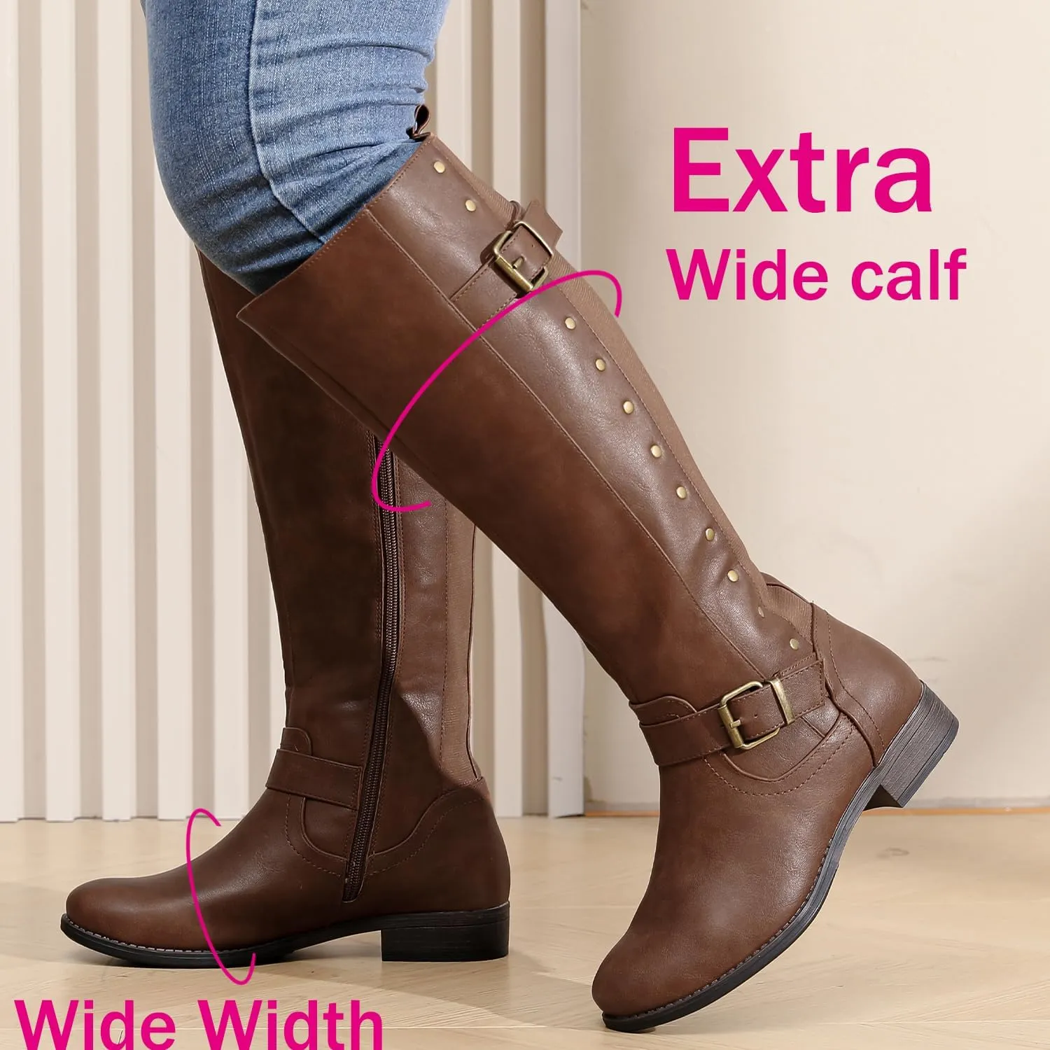 Luoika Women's Extra Wide Calf Knee High Boots, Wide Width Round-Toe Blocked Heel Winter Tall Boots.