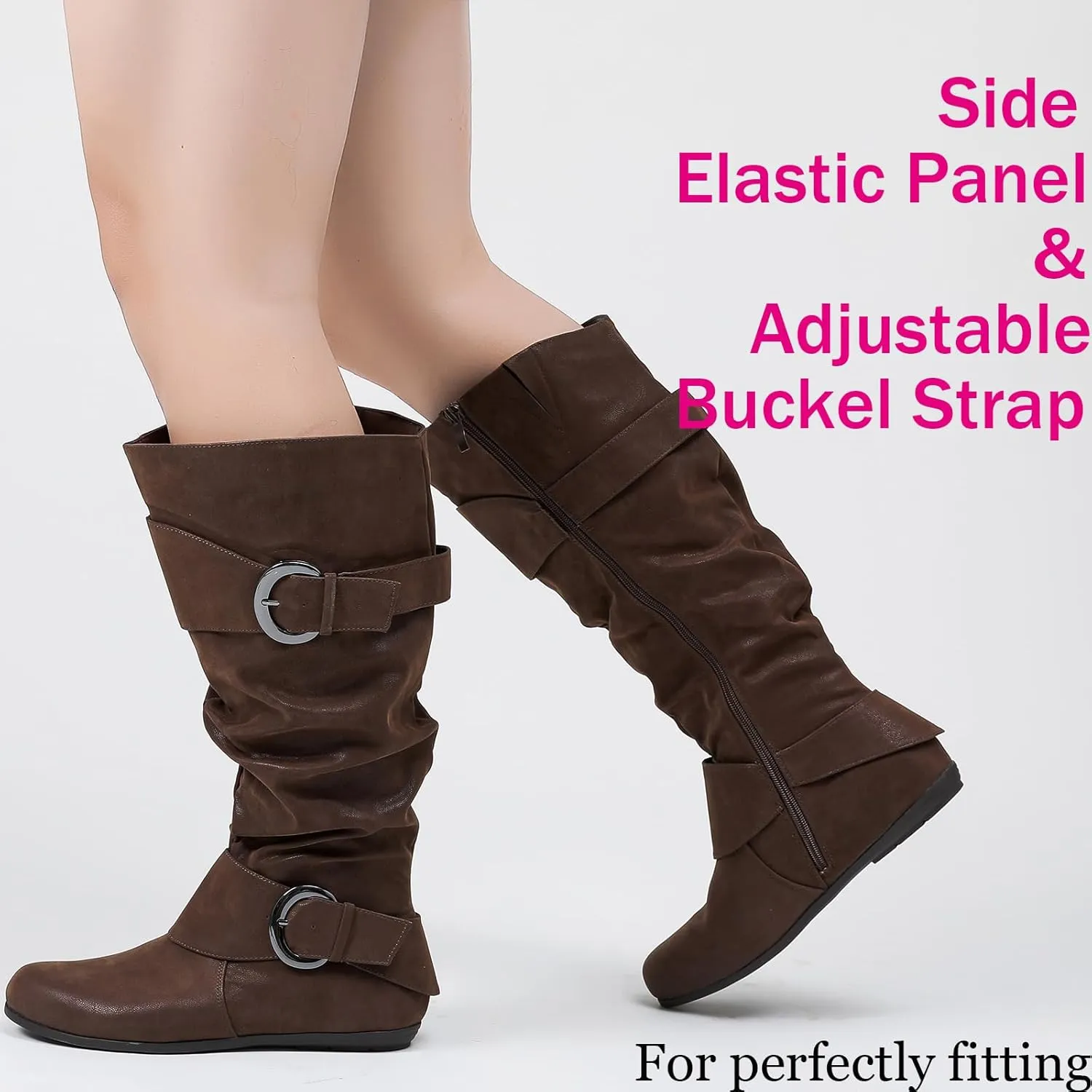Luoika Women's Extra Wide Calf Knee High Slouchy Boots, Wide Width Tall Boots with Flat Heel Side Zipper.