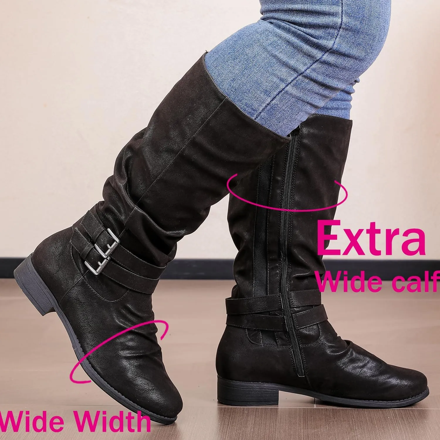 Luoika Women's Extra Wide Calf Slouchy Boots, Wide Width Flat Heel Mid Calf Boots for Women.