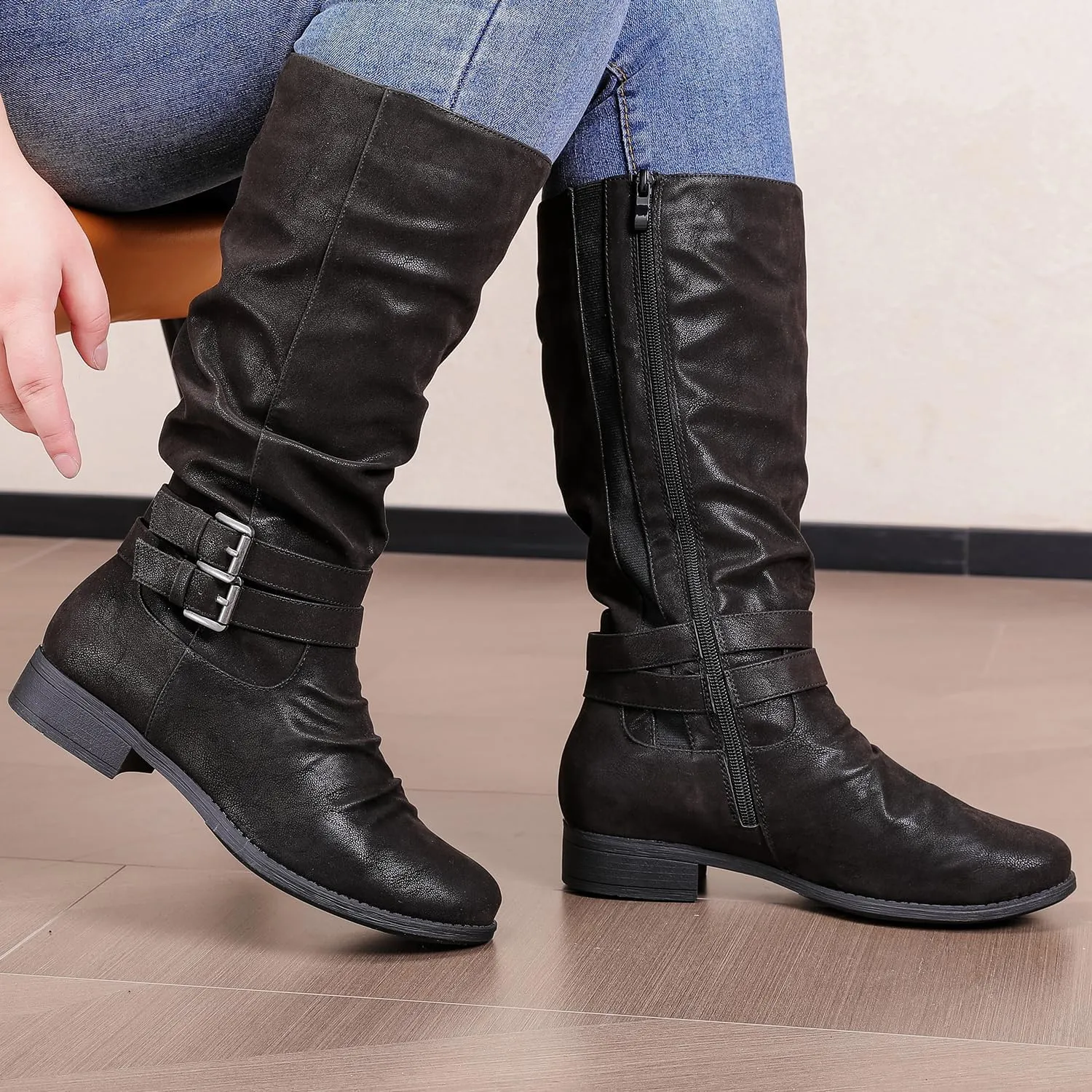 Luoika Women's Extra Wide Calf Slouchy Boots, Wide Width Flat Heel Mid Calf Boots for Women.