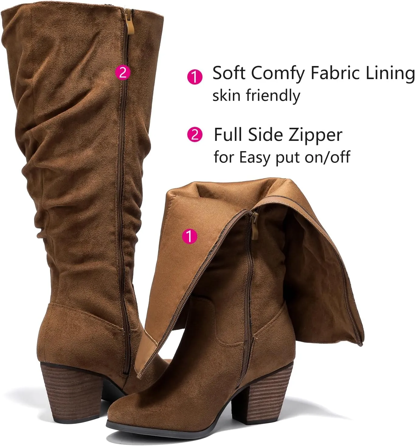 Luoika Women's Extra Wide Calf Slouchy Knee High Boots, Wide Width Knee-High Boots Low Stacked Heel Side Zipper Winter Fall Tall Boots.