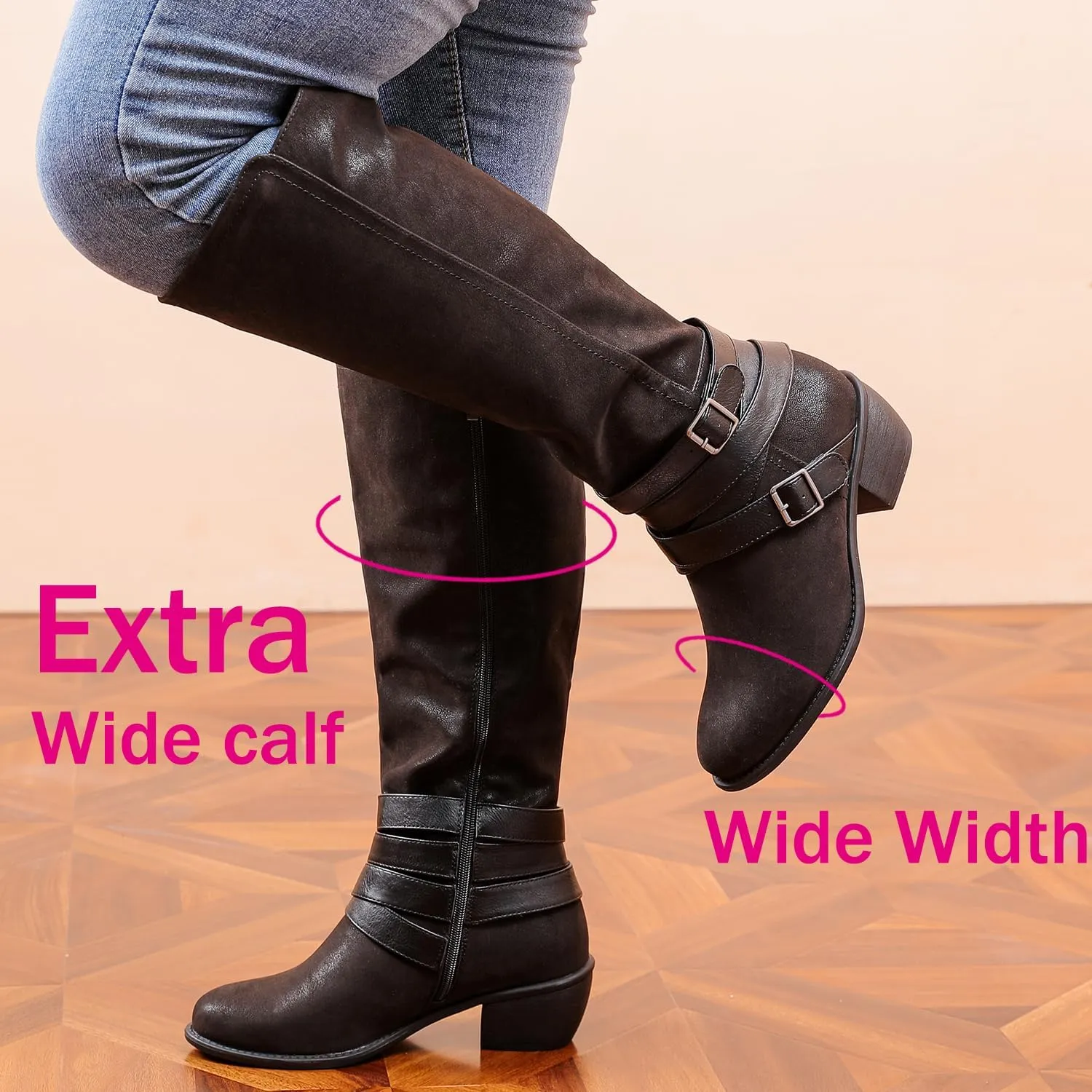Luoika Women's Extra Wide Calf Slouchy Knee High Boots, Wide Width Knee-High Boots Low Stacked Heel Side Zipper Winter Fall Tall Boots.