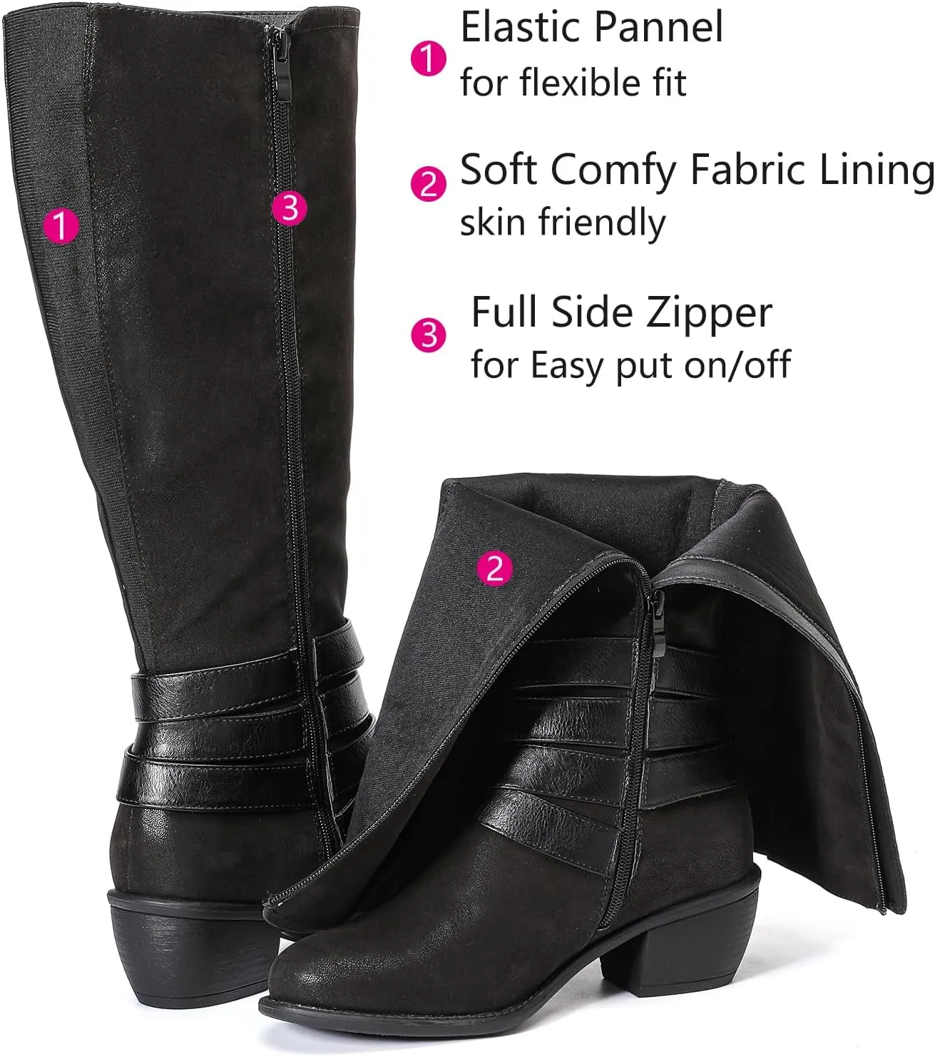 Luoika Women's Extra Wide Calf Slouchy Knee High Boots, Wide Width Knee-High Boots Low Stacked Heel Side Zipper Winter Fall Tall Boots.