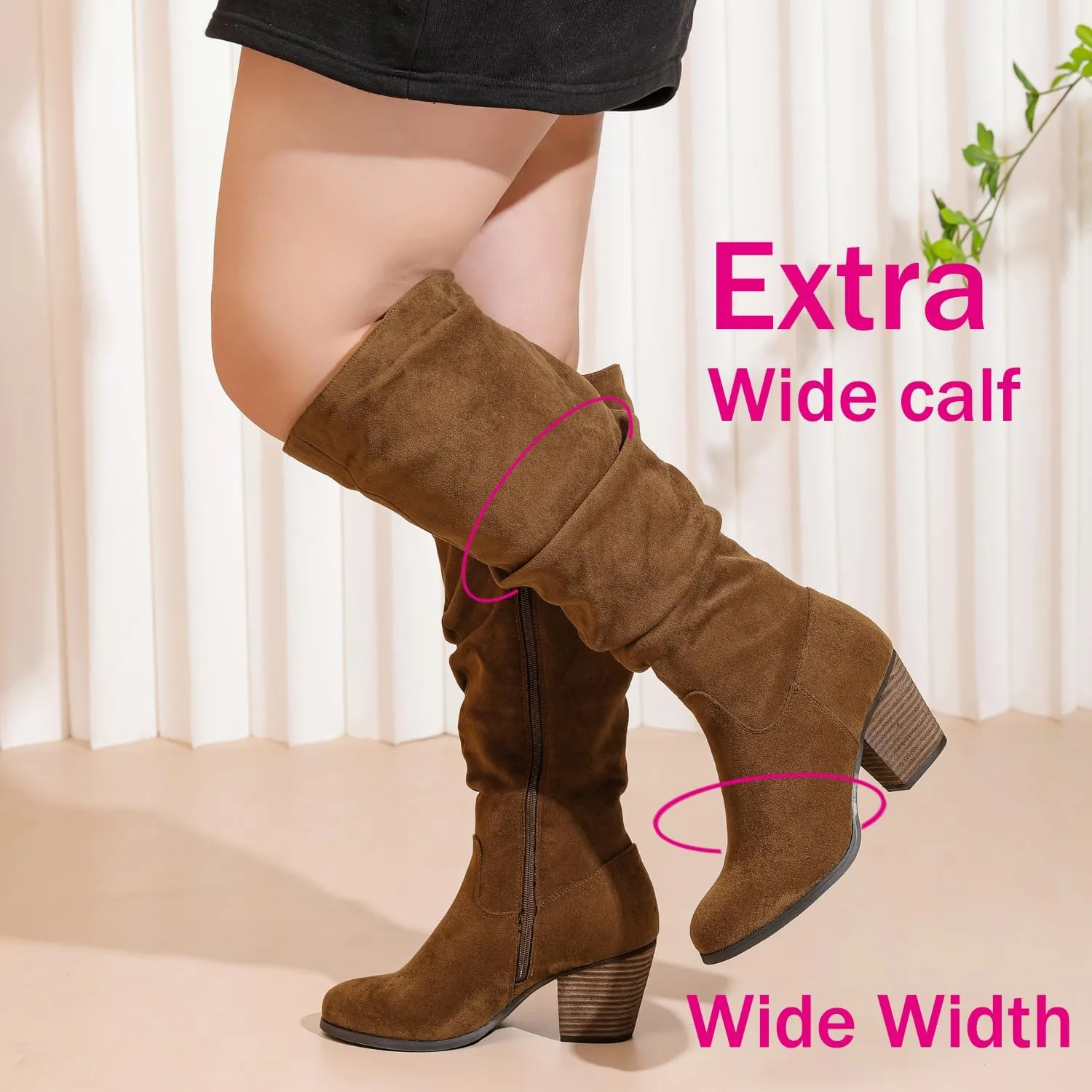 Luoika Women's Extra Wide Calf Slouchy Knee High Boots, Wide Width Knee-High Boots Low Stacked Heel Side Zipper Winter Fall Tall Boots.