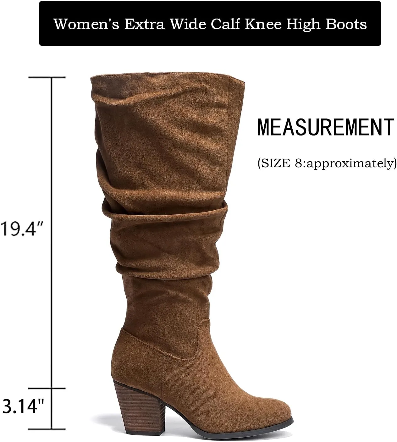Luoika Women's Extra Wide Calf Slouchy Knee High Boots, Wide Width Knee-High Boots Low Stacked Heel Side Zipper Winter Fall Tall Boots.