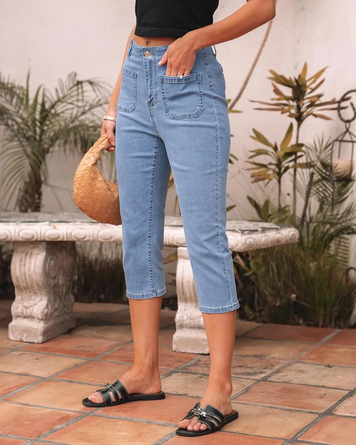 luvamia Capris Jeans for Women Trendy High Waisted Patch Pocket Casual Summer Cropped Stretchy Denim Skinny Capri Pants