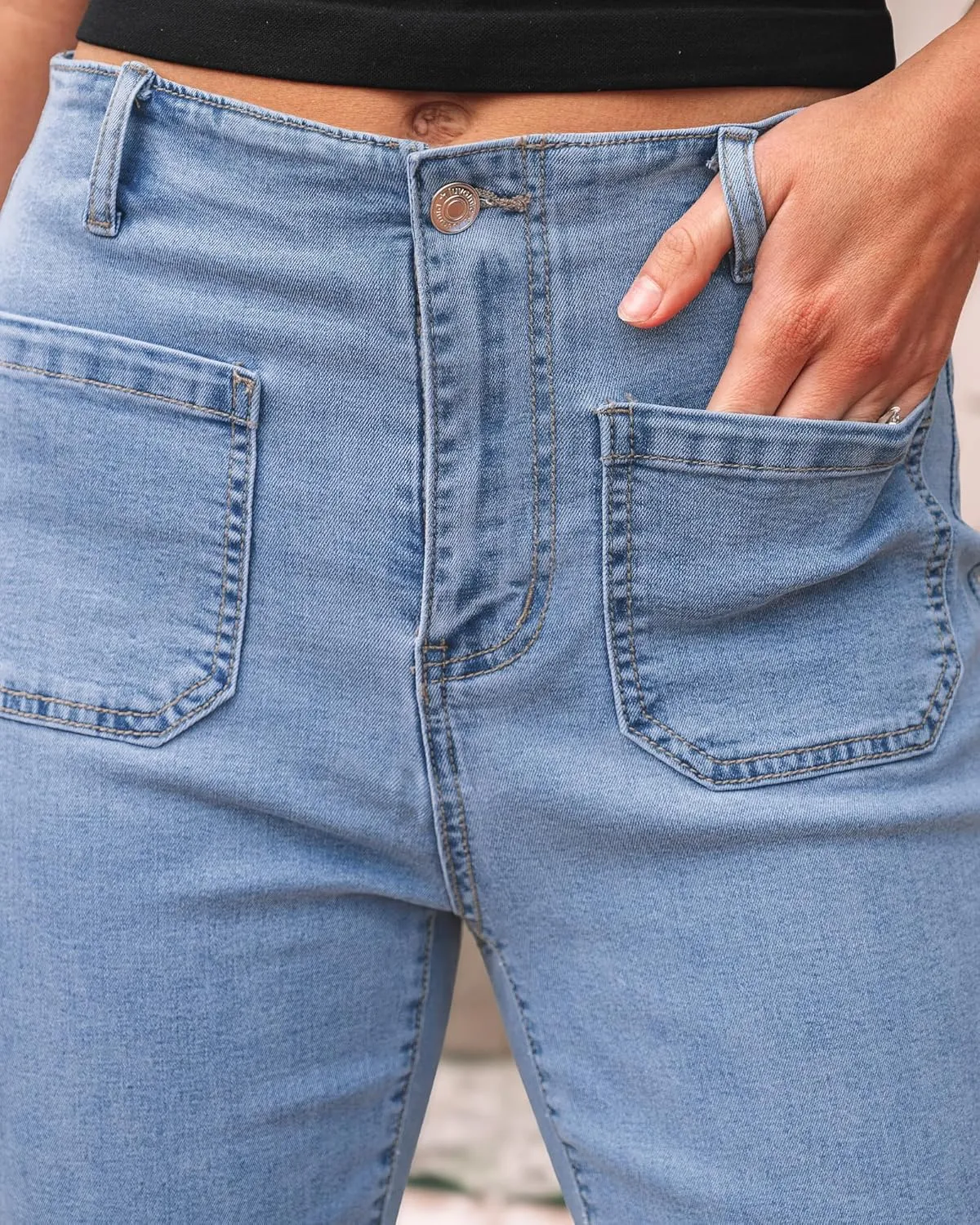 luvamia Capris Jeans for Women Trendy High Waisted Patch Pocket Casual Summer Cropped Stretchy Denim Skinny Capri Pants