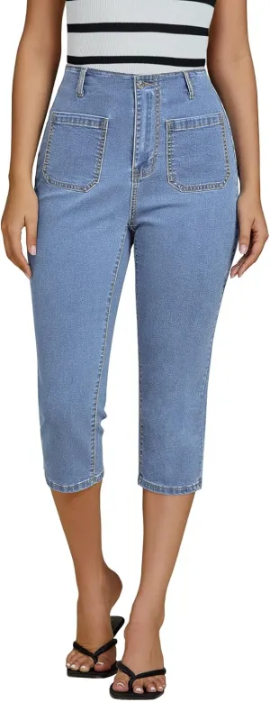 luvamia Capris Jeans for Women Trendy High Waisted Patch Pocket Casual Summer Cropped Stretchy Denim Skinny Capri Pants