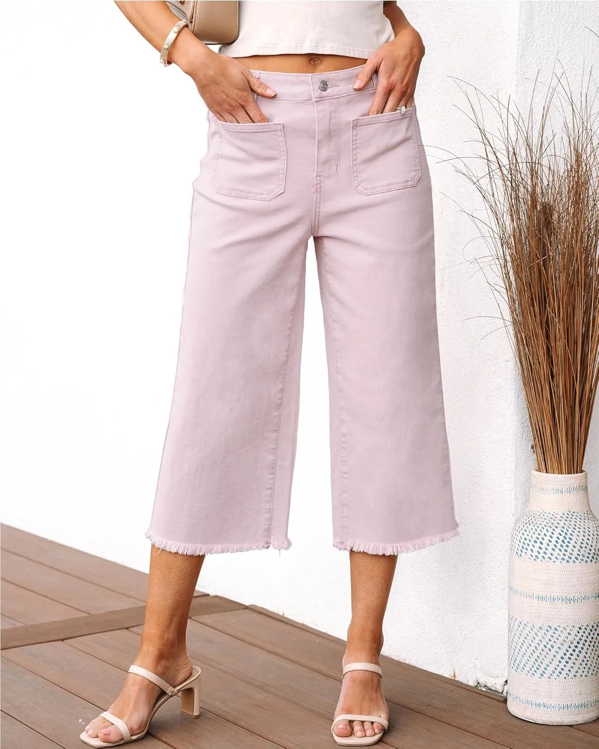 luvamia Capris Jeans for Women Wide Leg High Waisted Trendy Raw Hem Patch Pocket Cropped Stretchy Denim Capri Pants