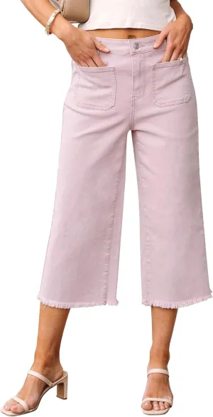 luvamia Capris Jeans for Women Wide Leg High Waisted Trendy Raw Hem Patch Pocket Cropped Stretchy Denim Capri Pants