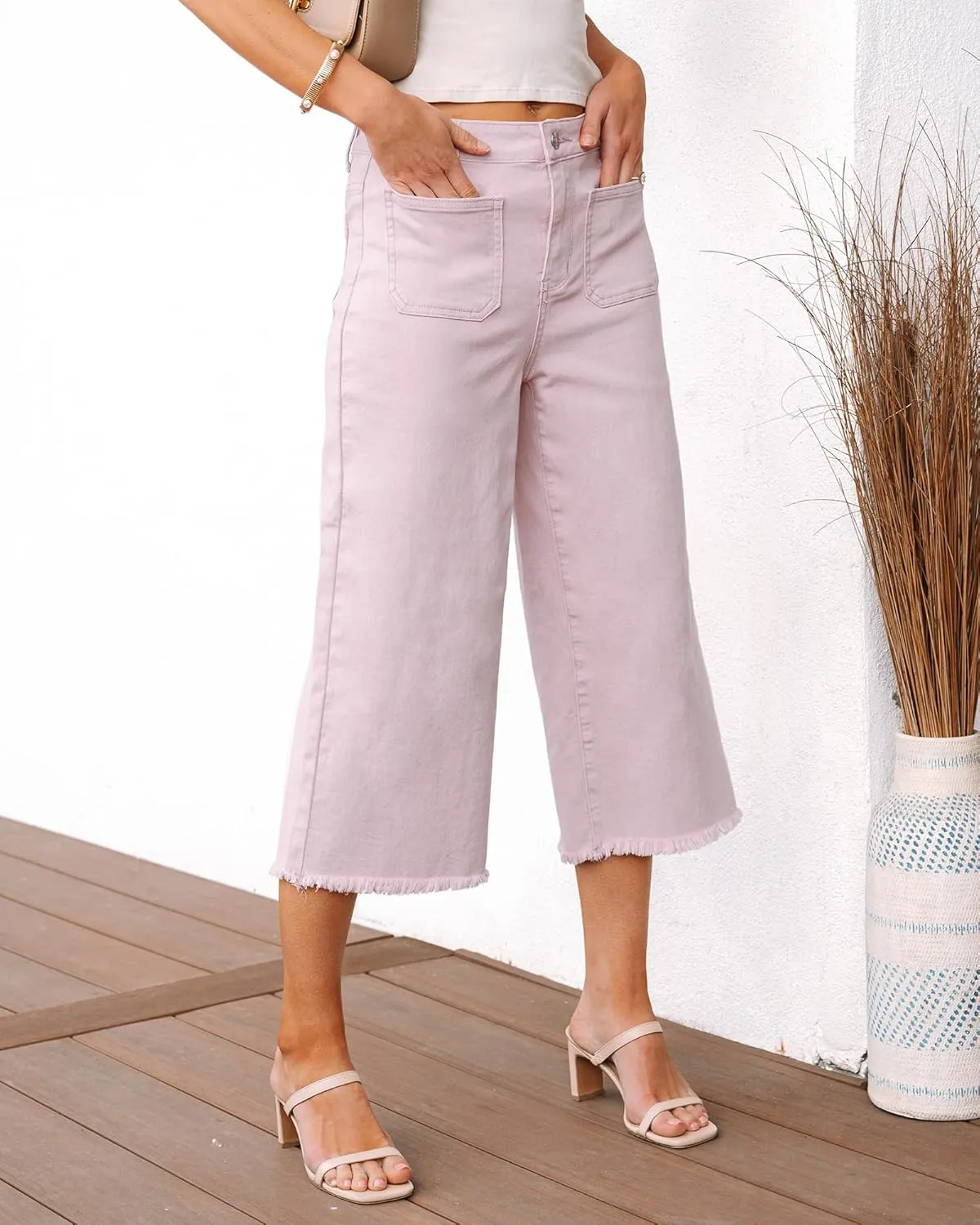 luvamia Capris Jeans for Women Wide Leg High Waisted Trendy Raw Hem Patch Pocket Cropped Stretchy Denim Capri Pants