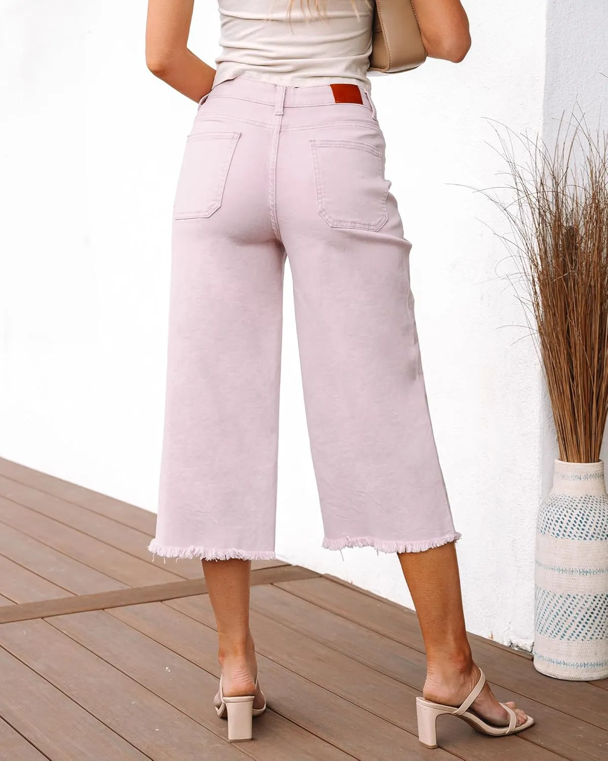 luvamia Capris Jeans for Women Wide Leg High Waisted Trendy Raw Hem Patch Pocket Cropped Stretchy Denim Capri Pants