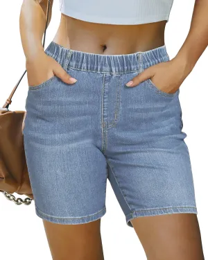 luvamia Jean Shorts for Women Trendy Pull On Mid Rise Elastic Waist Summer Casual Stretchy Long Denim Walking Shorts