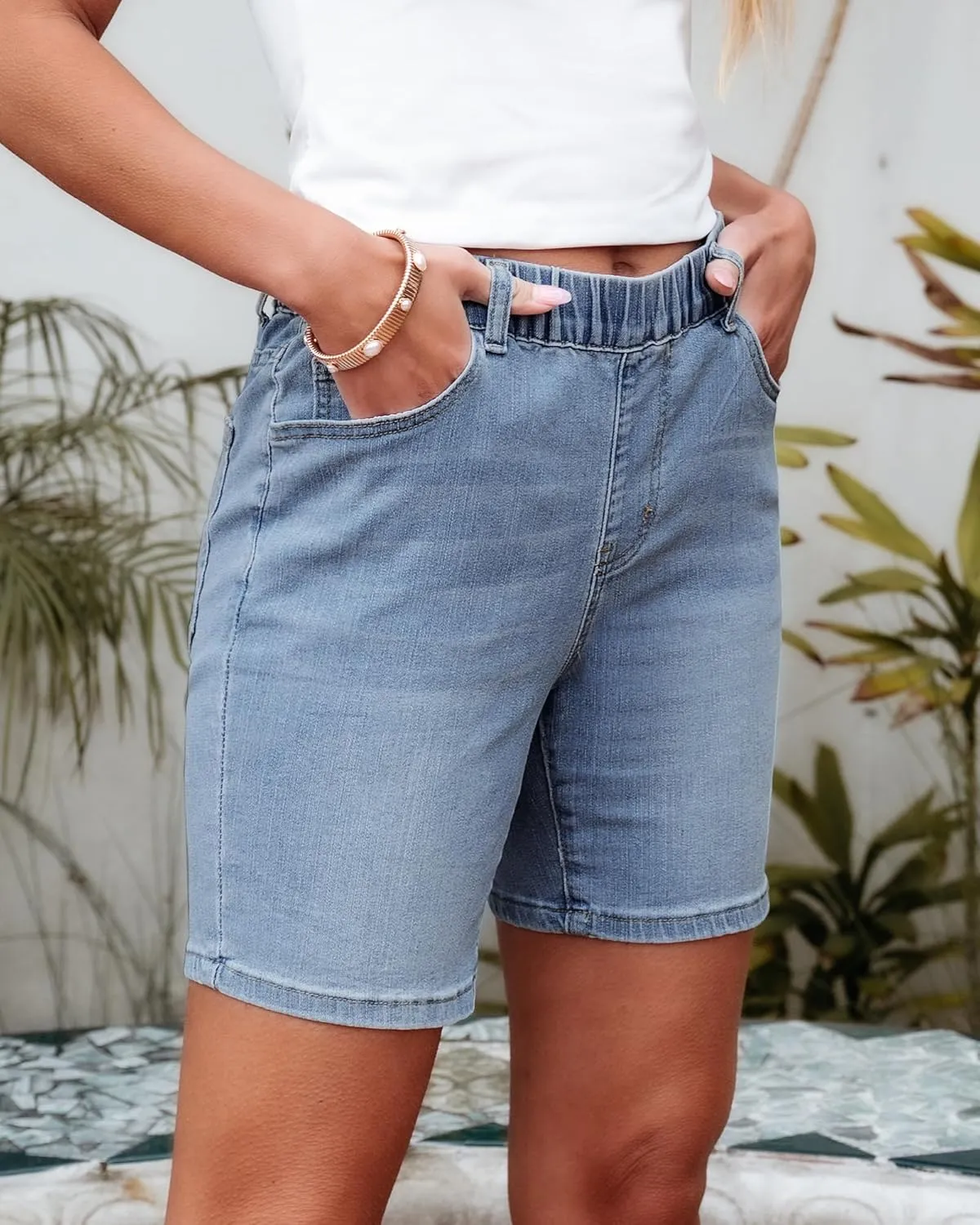 luvamia Jean Shorts for Women Trendy Pull On Mid Rise Elastic Waist Summer Casual Stretchy Long Denim Walking Shorts