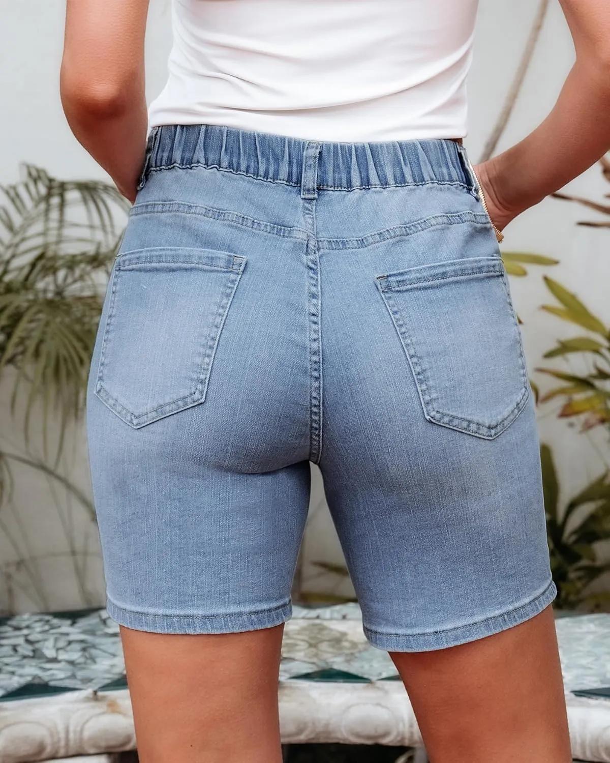 luvamia Jean Shorts for Women Trendy Pull On Mid Rise Elastic Waist Summer Casual Stretchy Long Denim Walking Shorts